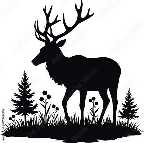 Vector art of silhouette of a walking deer with antlers in a forest setting isolated on white background