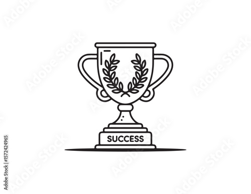 Stylized line art trophy with laurel wreath and the word success