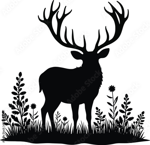 Vector art of silhouette of a deer with large antlers standing amidst plants isolated on white background