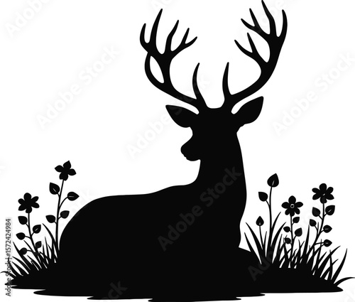 Vector art of silhouette of a resting deer with antlers surrounded by plants isolated on white background