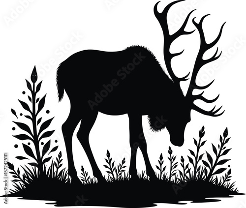 Vector art of silhouette of a stag grazing in a field of grass and plants isolated on white background
