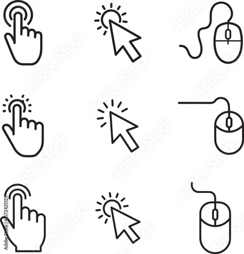 Set of nine click icons including cursor pointer and computer mouse silhouette