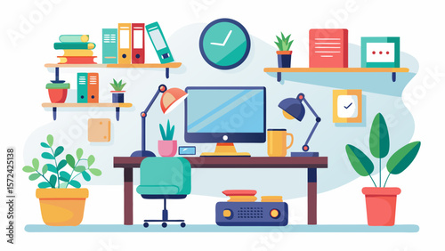 Vector art of a vibrant illustration of a modern and organized home office workspace, featuring a computer, desk, plants, and bookshelves