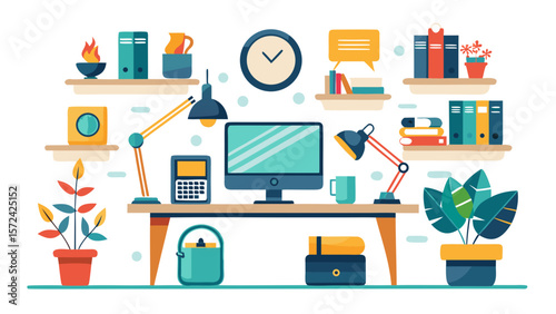 Vector art of a colorful illustration of a wellorganized home office setup, complete with a computer, desk, shelves filled with books and files, and potted plants