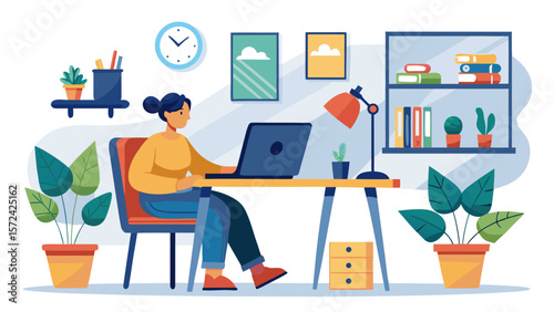 Vector art of a woman sits at her desk, concentrating on her laptop, in a bright and organized home office space filled with plants and books