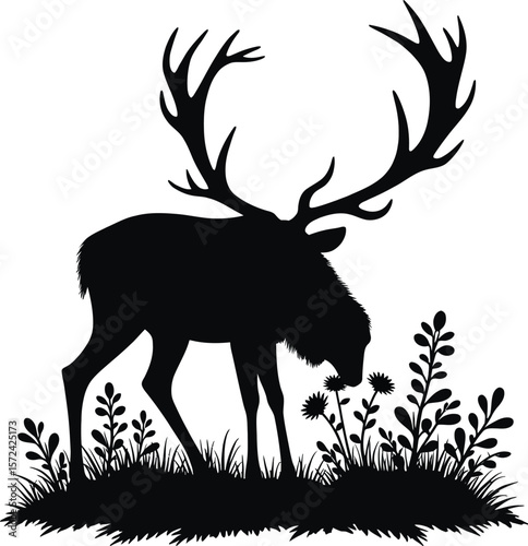 Vector art of silhouette of a deer grazing in a meadow with flowers isolated on white background