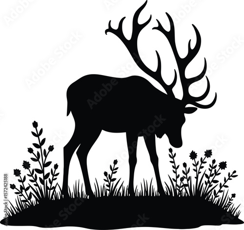 Vector art of silhouette of a majestic stag with large antlers grazing in a field of wildflowers, isolated on white background