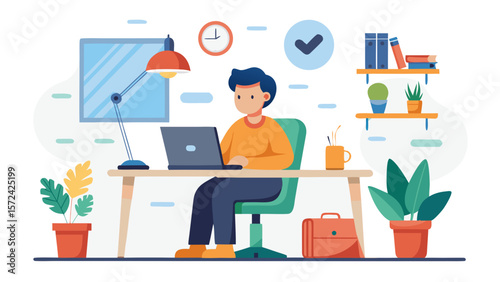 Vector art of a man sits at his desk, focused on his laptop, in a bright and organized home office space, with plants and a briefcase nearby