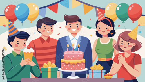 Vector art of friends gather around a birthday cake, celebrating with gifts and cheerful expressions in a vibrant illustration