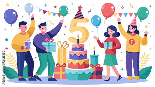 Vector art of a group of friends joyfully celebrates a 5th birthday or anniversary with a colorful cake, balloons, and gifts