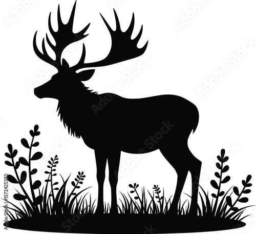 Vector art of silhouette of a majestic stag standing in tall grass isolated on white background