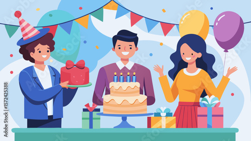 Vector art of a group of cheerful friends gathers around a delicious birthday cake, celebrating with gifts and balloons