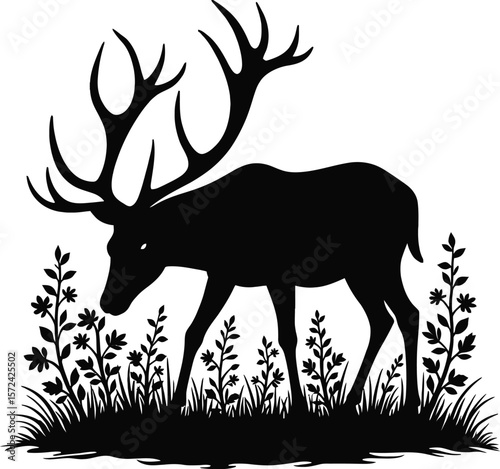 Vector art of silhouette of a stag with impressive antlers walking through grass isolated on white background