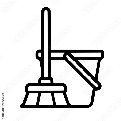 Broom and Bucket Cleaning Tools Line Icon
