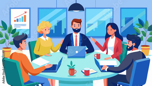 Vector art of a diverse team of business professionals collaborates around a table in a modern office setting, engaged in a productive meeting