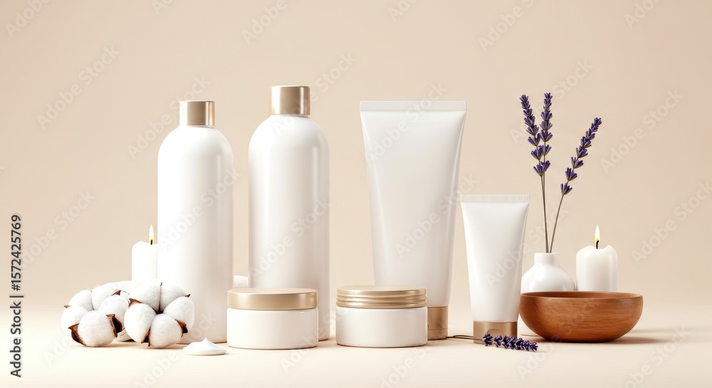 Photo of Elegant spa arrangement with white cosmetic bottles, lavender, cotton, and candles Photo of Elegant spa arrangement with white cosmetic bottles, lavender, cotton, and candles