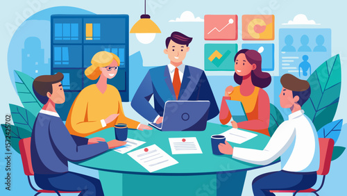 Vector art of a group of smiling business professionals actively participates in a productive meeting around a table in a modern office setting