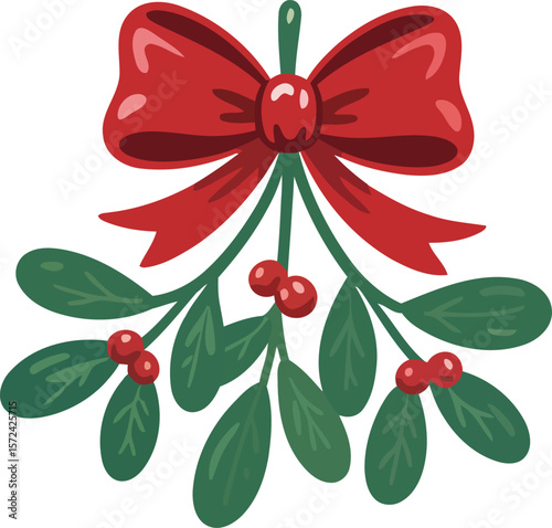 Mistletoe with Red Ribbon, Christmas Holiday Decoration, Transparent Background.