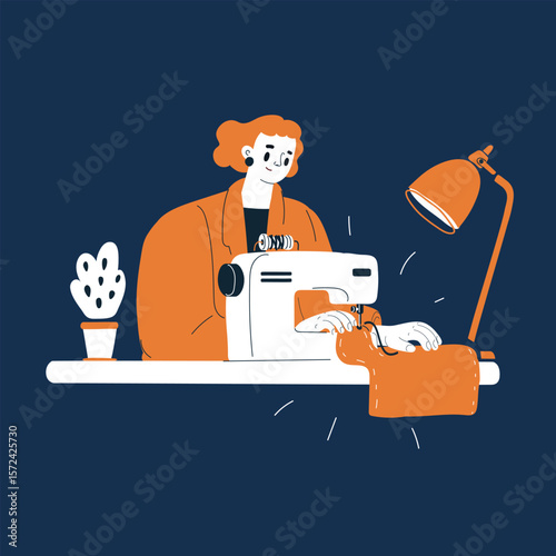 Cartoon vector illustration of a woman stitching fabric at a table as a metaphor for dedication to creativity and skilled craftsmanship against dark background
