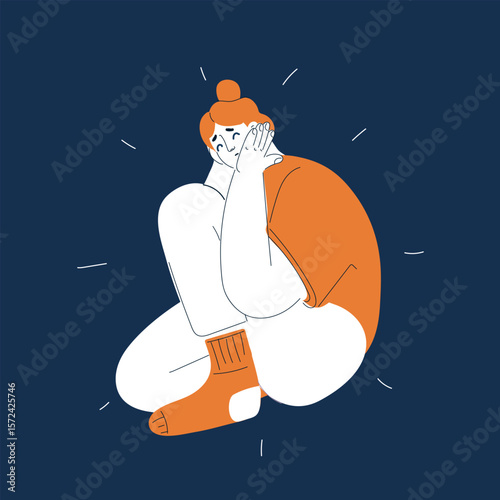 Cartoon vector illustration of a woman sitting in a protective crouch as a metaphor for coping with anxiety and emotional overwhelm against dark background