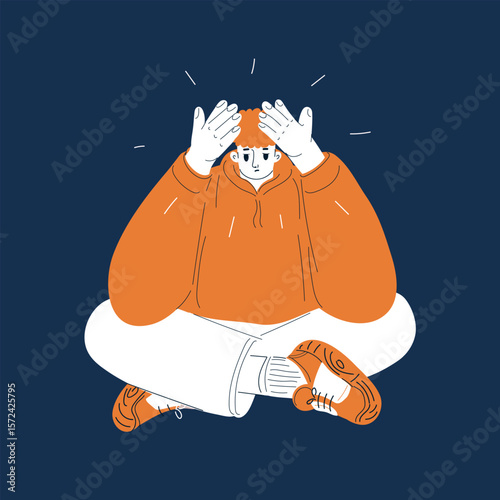 Cartoon vector illustration of a man clutching his head as a metaphor for managing stress and mental exhaustion against dark background