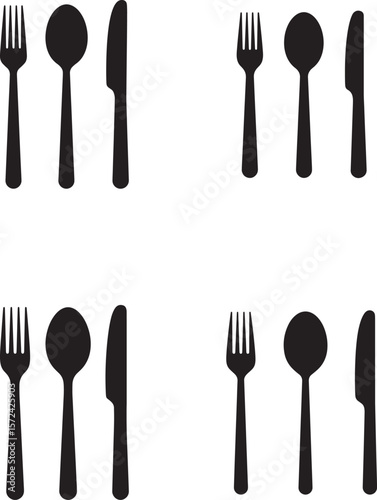Four sets of fork spoon and knife cutlery icons in a clean silhouette style