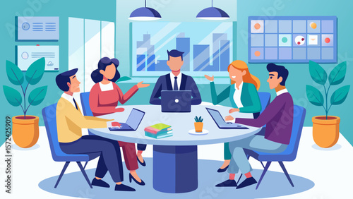 Vector art of a diverse team of professionals collaborates around a table during a productive business meeting in a modern office