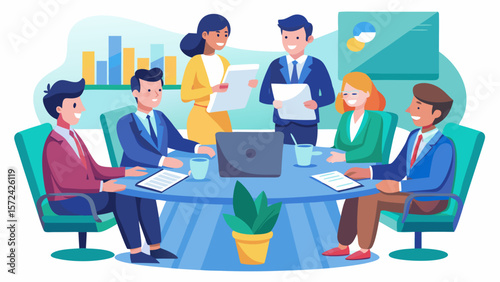 Vector art of a group of smiling businesspeople are sitting around a table in a modern office, actively participating in a productive meeting