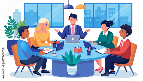 Vector art of a diverse team of business professionals collaborates around a table in a modern office setting, engaged in a productive meeting