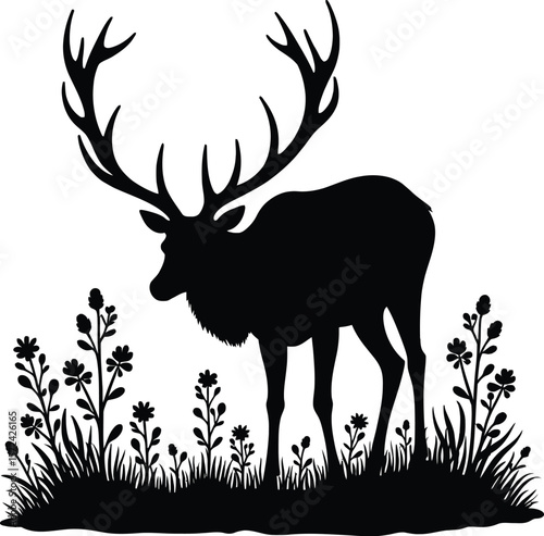 Vector art of silhouette of a stag with large antlers grazing in a meadow with flowers isolated on white background