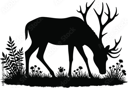 Vector art of silhouette of a deer grazing in a field of plants isolated on white background