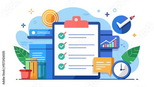 Vector art of a vibrant illustration showcases a checklist on a clipboard, surrounded by icons representing business planning, progress tracking, and successful goal attainment