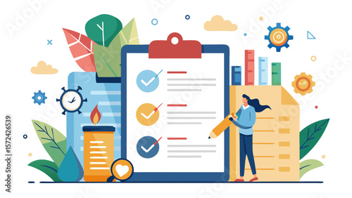 Vector art of a woman is meticulously checking off items on a checklist, highlighting the importance of task management and goal achievement in a business setting