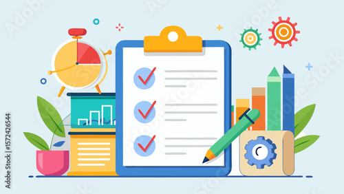 Vector art of a detailed checklist on a clipboard is surrounded by various businessrelated icons, emphasizing the importance of time management and efficient task completion