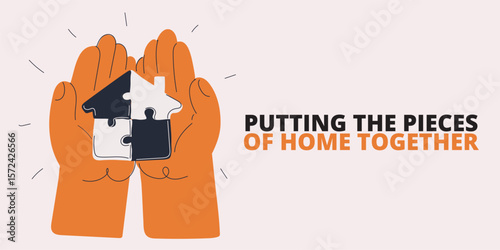 Cartoon vector illustration of hands assembling a puzzle house as a metaphor for building a supportive and united home