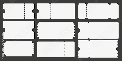 Blank ticket template set. Vector mockup for events, movies, flights. Use for admission, coupons, promotions! Isolated graphic design, easy to customize. Vector