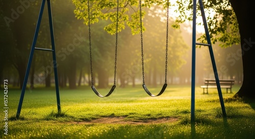 An empty swing set in a park bathed in the soft morning light, creating a peaceful and serene atmosphere