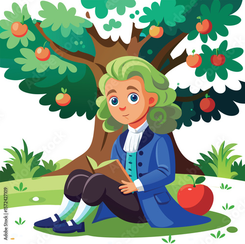 newton with apple tree