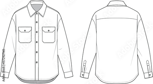 Technical flat sketch of a unisex long-sleeve shirt with an oversized fit, featuring a pointed collar, full button-front closure