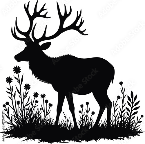 Vector art of silhouette of a majestic elk with large antlers grazing in a field of grass and wildflowers, isolated on white background