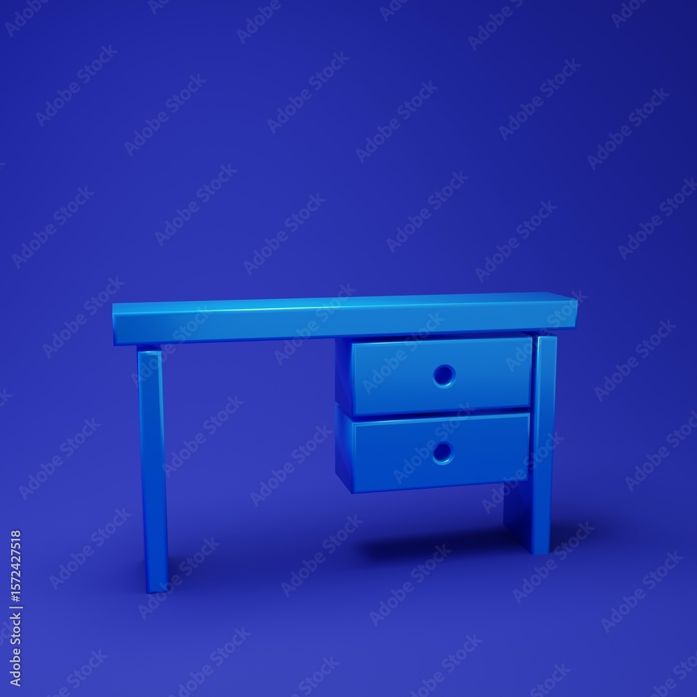 Blue Office desk icon isolated on blue background. Minimalism concept. 3D render illustration Blue Office desk icon isolated on blue background. Minimalism concept. 3D render illustration