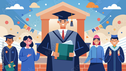 Vector art of happy graduates in caps and gowns celebrate their academic achievement together on campus