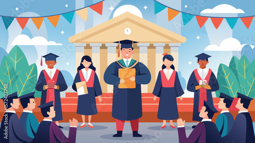 Vector art of a group of cheerful graduates in academic regalia celebrate their success in front of an applauding audience