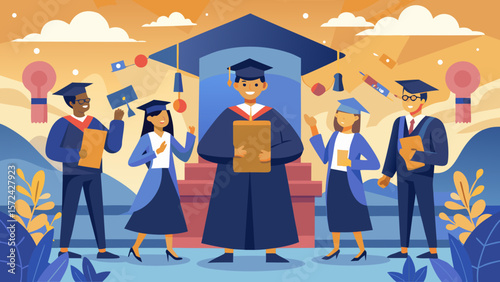 Vector art of happy graduates in caps and gowns joyfully celebrate their academic success together