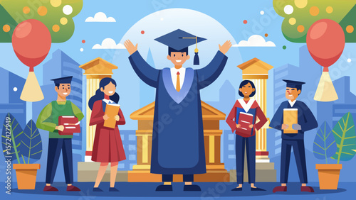Vector art of a diverse group of smiling graduates celebrates their academic achievements in front of a university building