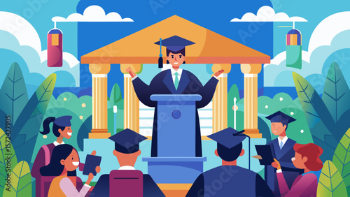Vector art of a graduate delivers a celebratory speech to an audience of fellow graduates and guests