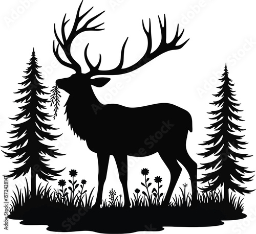 Vector art of silhouette of a majestic stag with large antlers standing among pine trees and plants isolated on white background