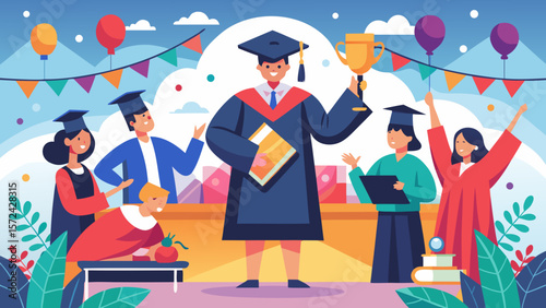 Vector art of a jubilant graduate holds a trophy high, surrounded by their friends and family, celebrating their outstanding academic achievements