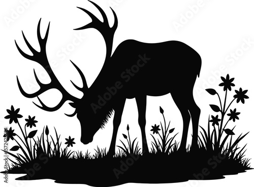 Vector art of silhouette of a majestic stag grazing in a field of grass and flowers isolated on white background