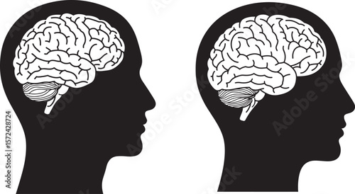 Two human head silhouettes with detailed brain illustrations inside silhouette
